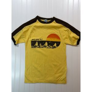 Vintage 70s Ocean City NJ Sailboat Sunset Ringer Tee Raglan Sun Yellow Small S